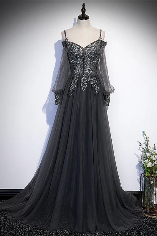 Robe longue de soirée en tulle gris, coupe trapèze, avec appliques, manches longues, maxi, robe de bal